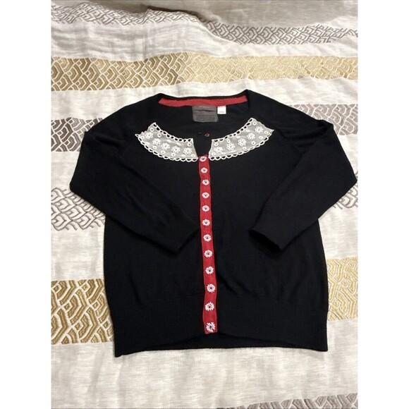 (R) ANTHROPOLOGIE Guinevere Beaded Lace Applique Cardigan Sweater Black Vintage - Picture 6 of 14